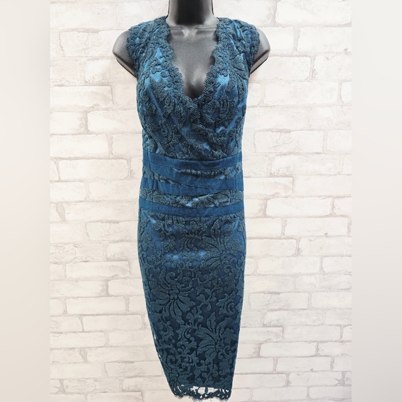 Tadashi Shoji Teal Lace V-Neck Sheath Dress